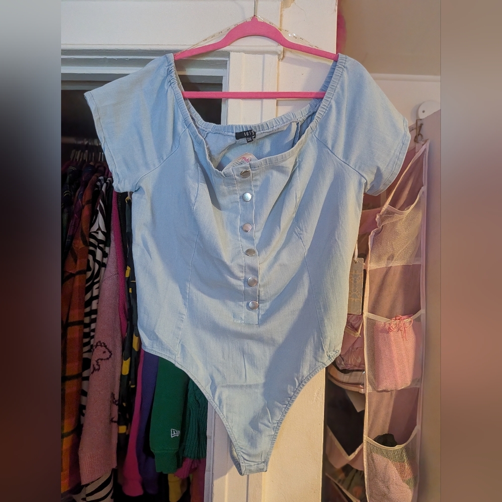 iris Light Blue Button-Front Scoop Neck Bodysuit